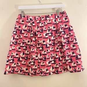 Preppy Pink and Navy Sail Boat Motif Print Pleated Mini Skirt